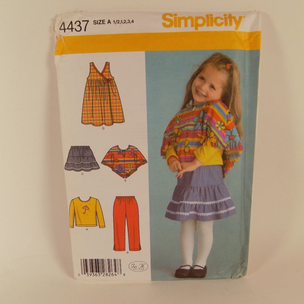 NEW UNCUT Simplicity Sewing Pattern 4437 Girls Poncho Dress Skirt Top Pants Sz A